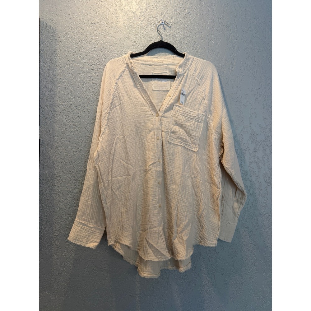 Aerie Womens Small Cream Cotton Gauze Frayed Hem Button Down Shirt 38239091